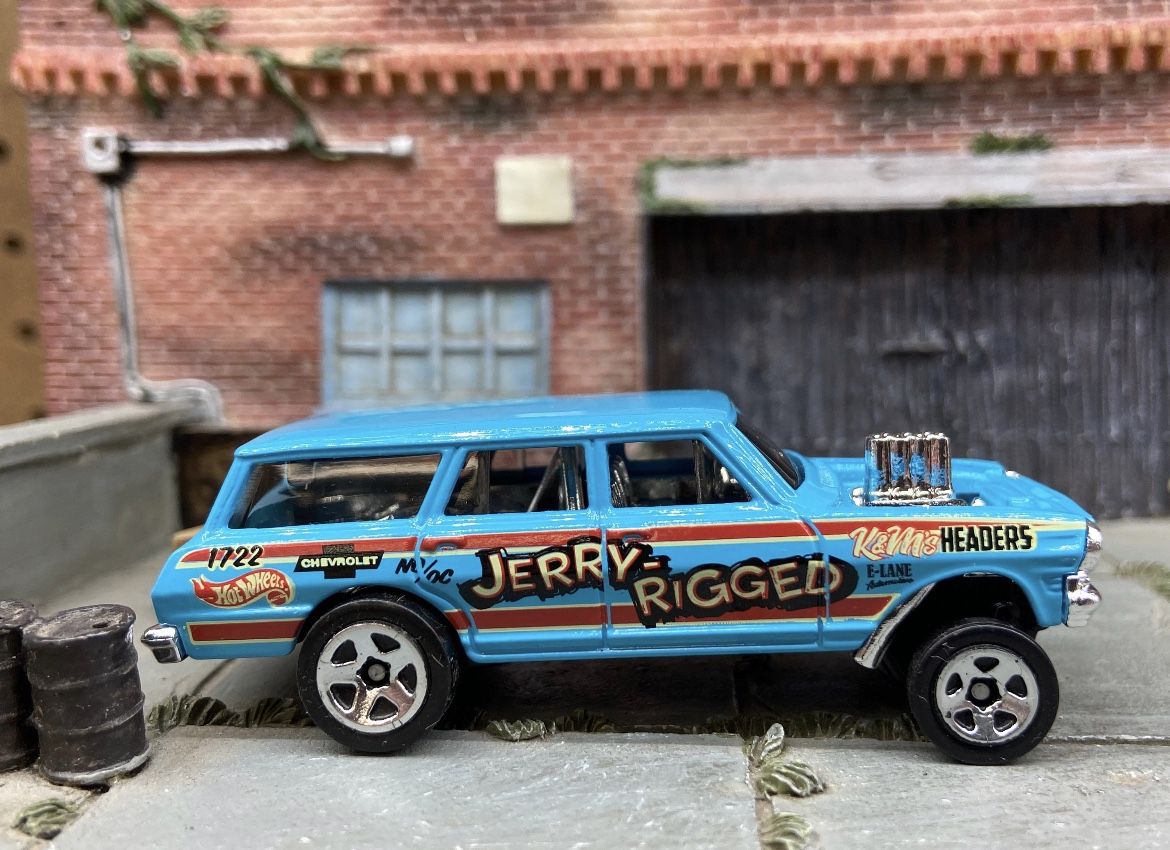 Loose Hot Wheels 1964 Chevy Nova Station Wagon Gasser Dressed in Jerry Rigged Light BLue Livery