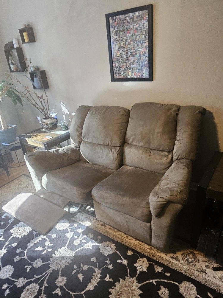 2 suade recliner love seats