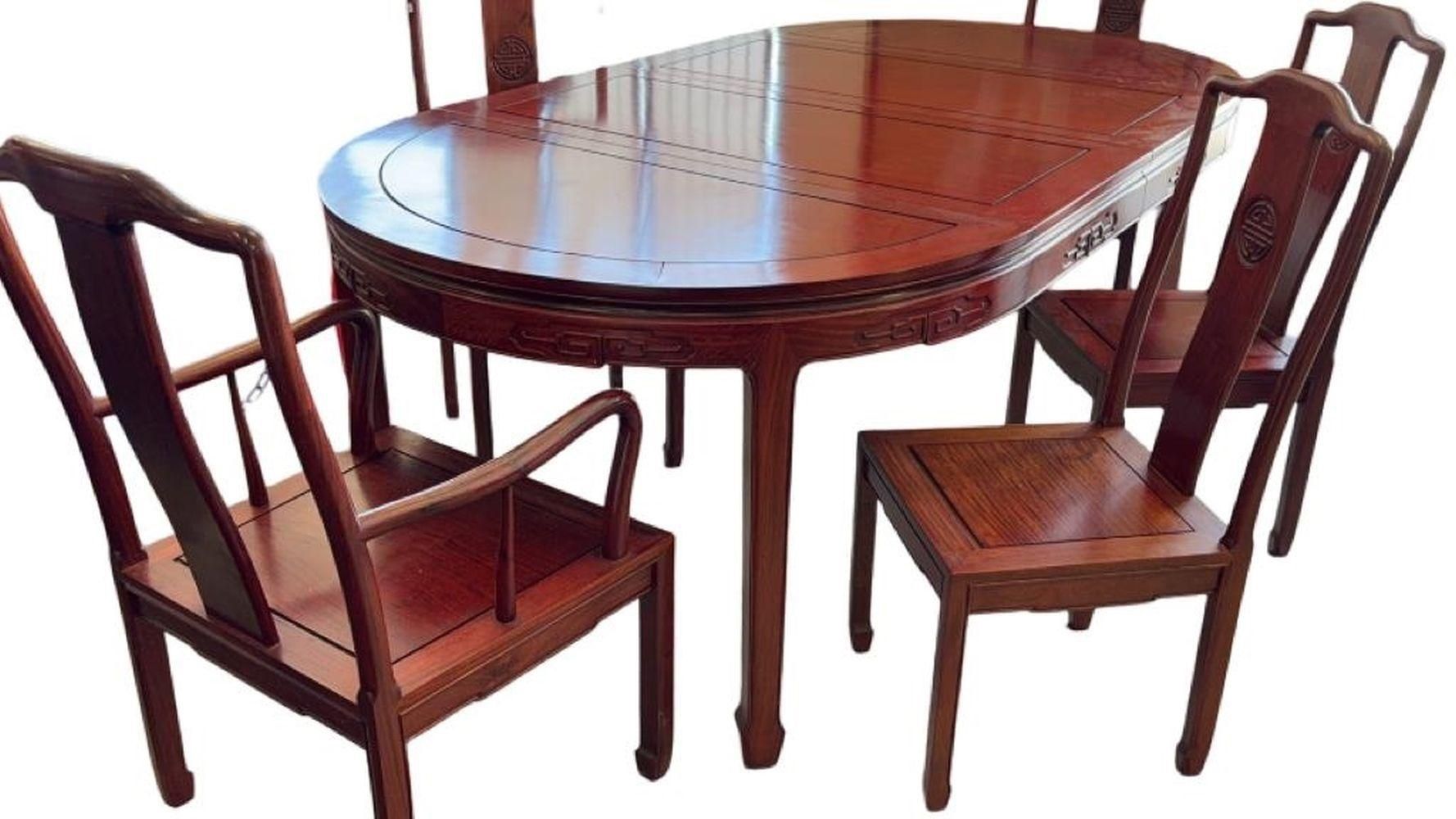 Rosewood Dining Table w 5 Chairs, Pad Cover and 2 leaf