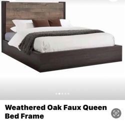 Weathered Oak Faux Queen Bed Frame & Brand New 14” Memory Foam Mattress