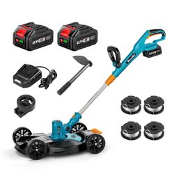String Trimmer Battery Powered: 2 * 4.0Ah Batteries Lawn Mower with 21V Charger, Dual-Cutting Modes for Weeds & Lawn Edging, Garden Tools for Men Wome