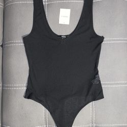 New Forever 21 Bodysuit Medium Scoop Neck Sheer See through Stretchy Black