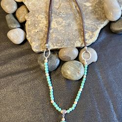 Necklace-Handcrafted 26". Turquoise, Jasper, and Suede.