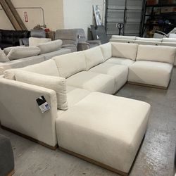 Cream Fabric Modular Sectional Sofa Couch with Ottoman