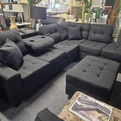 Brand New 104" x 73" Black Linen Sectional With Cup Holders + Ottoman