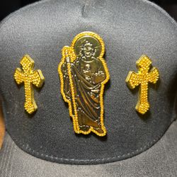 Black Snapback Hat with Gold Religious Pins