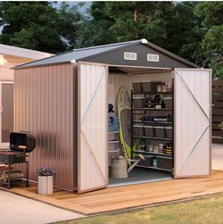 Aoxun 8x6FT Shed with Floor Galvanized Steel Outdoor Storage Shed Metal Garden Shed with Double Door