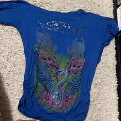 Blue ed hardy bedazzled shirt y2k rhinestone baddie shirt M fit small