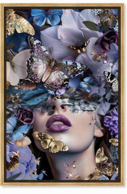 Art Remedy Framed Canvas Art Purple Gold Butterflies Flowers 21.5" x 31.5"