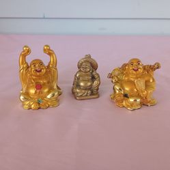 Miniature Laughing Buddha Statue  Goldtone Resin 2 inch