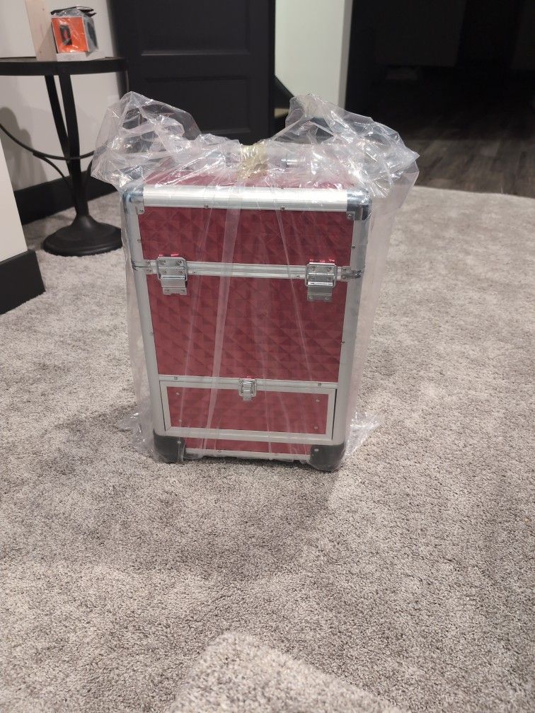 Professional Makeup Rolling Organizer, Red Organizer Travel Luggage Cosmetic Bag Portable Trolley