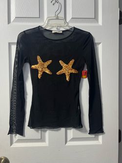 Black Mesh Long Sleeve Top with Sequin Starfish