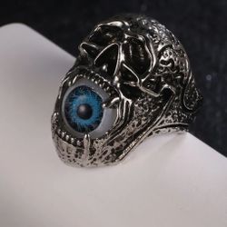 Funky Kool Unique Medieval Times, Bikers Skull Ring With Blue Eye Ball