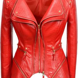 Fashion SX Women's Punk Studded Faux-alligator Print Pattern PU Leather Jackets Zipper Moto Biker Coat