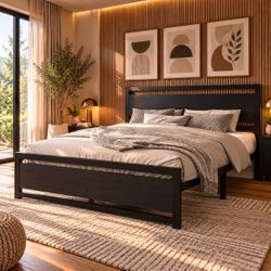 Queen Size Bed Dark Wood King Bed Frame with Slatted Headboard