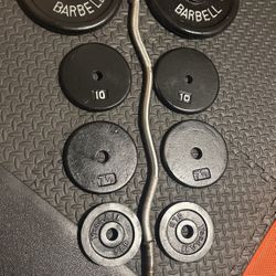 Standard Curl Bar with Weight Plates: 25s, 10s, 7.5s and 5 pounders. Brute Weigh: 109#