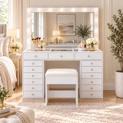 New 15 Drawers Vanity Desk, Makeup Vanity with Charging Station, Dressing Table with Lighted Mirror, 3 Lighting Modes, Brightness Adjustable, Glass To