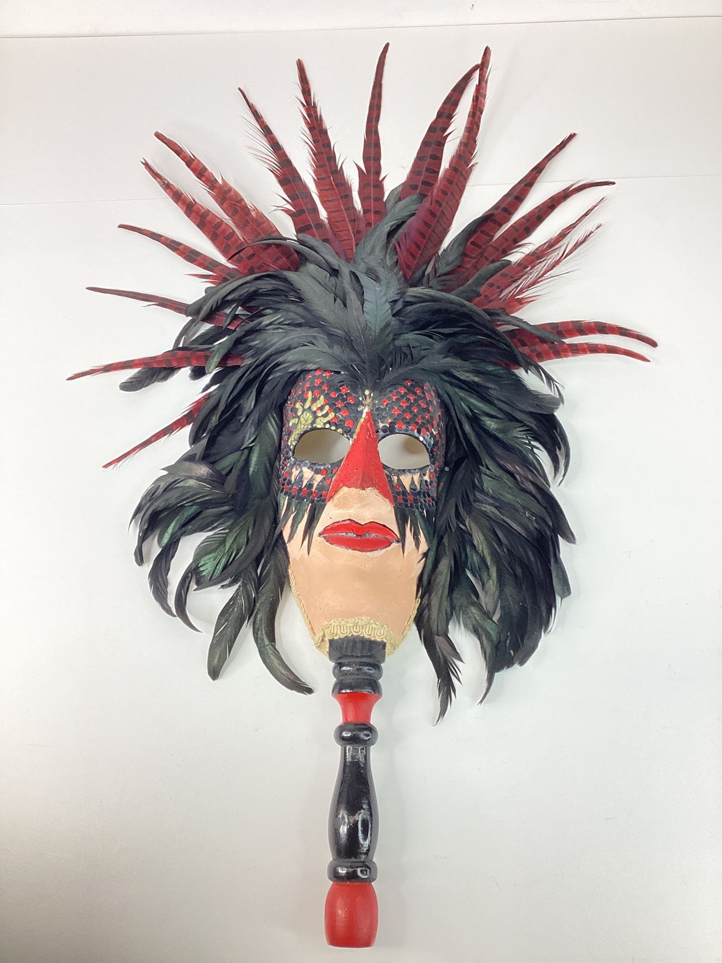 Vintage Handmade Papier Mache 11”x6” Mardi Gras Mask On A Stick Signed By Jonn Richardson