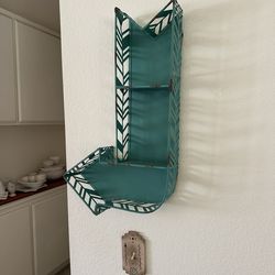 Decor distressed teal or turquoise metal arrow wall shelf  23 inches tall x 14 inches wide x 4 inch depth