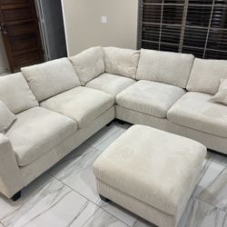 New Corduroy Fabric Sectional.  Off White / Beige.  99” X 99”.  Free Delivery!