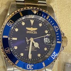 Never Worn. New in The Box.  Blue, Gold, Silver Color Invicta 40mm Automatic Submariner Watch 