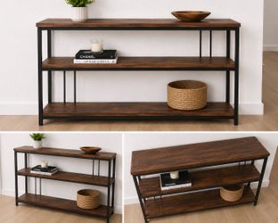 Industrial 3-Tier Console Table / Entryway Table / Bookshelf – Rustic Wood & Black Metal