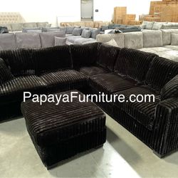 New Plush Black Sectional Sofa And Ottoman, Sectionals, Sofa, Couch, Plush Sectional, High Back Couch, Sofas, Black Sectional, Black Sofa, Black Couch