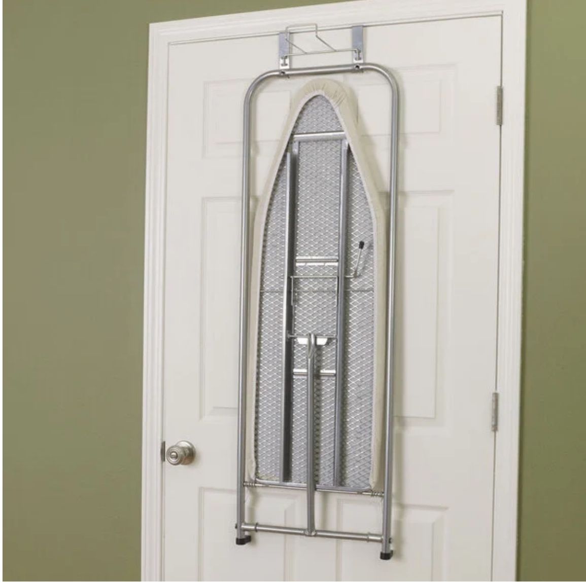Household Essentials Over-the-Door Steel Mesh Ironing Board with White Cover and Iron Holder HH144222