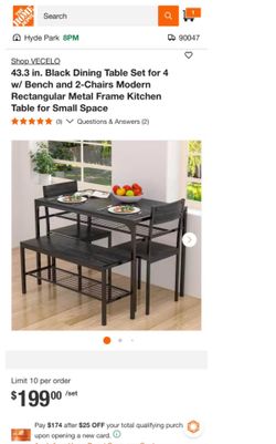 Black Dining Table Set for 4 w/ Bench and 2-Chairs Modern Rectangular Metal Frame Kitchen Table