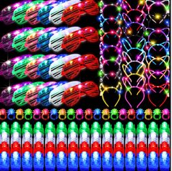 Maitys 128 Pcs LED Light up Party Favors Glow in the Dark Glasses Cat Rabbit Ears Headband Finger Lights Jelly Rings