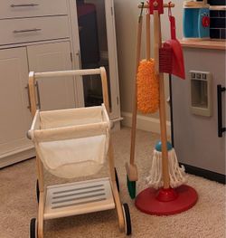 Kids play shopping cart and wooden cleaning set
