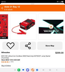 Milwaukee M18 2000 Peak Amp Jump Starter tool only