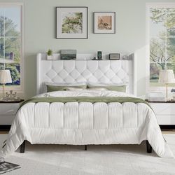 Queen Size Platform Bed Frame with Charging Station, Velvet Wingback Headboard with Storage Shelf, Wooden Slats Support, Ample Under-Bed Space, No Box