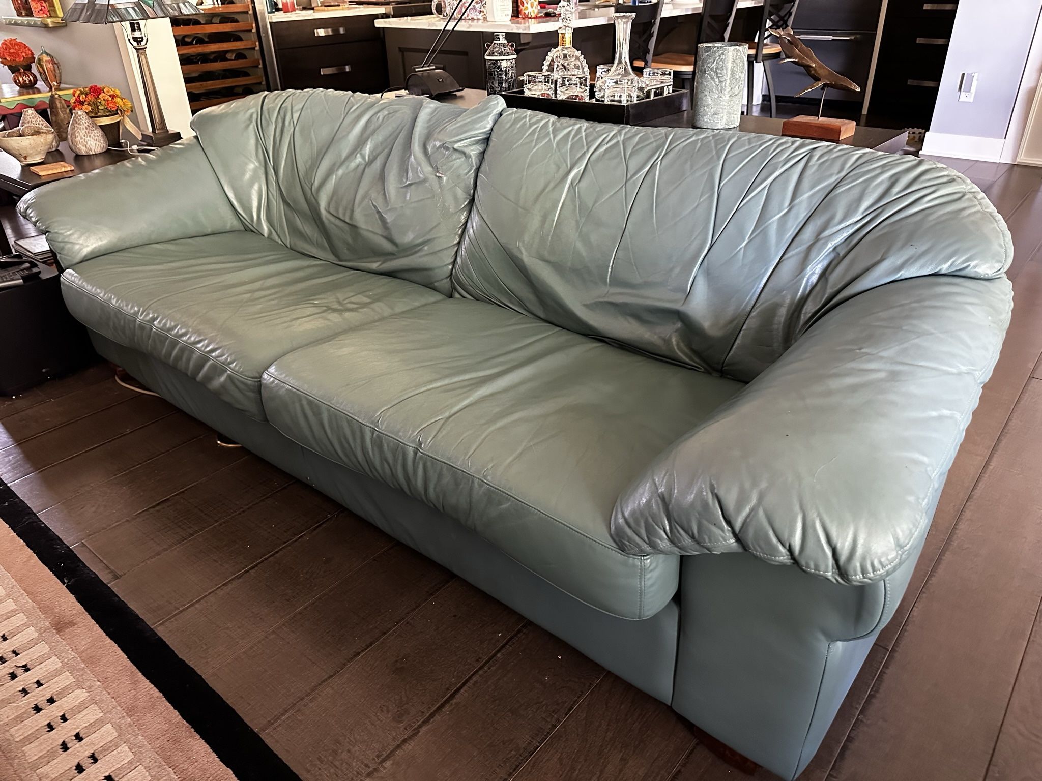 3-piece Natuzzi Leather Couch, Queen Chair & Ottoman -Seafoam Color 