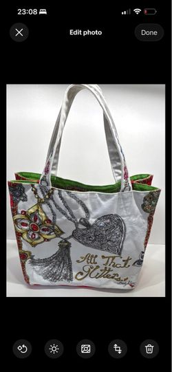 Brighton All That Glitters Tote Bag Jewelry Gem Print Satin Shopper Purse