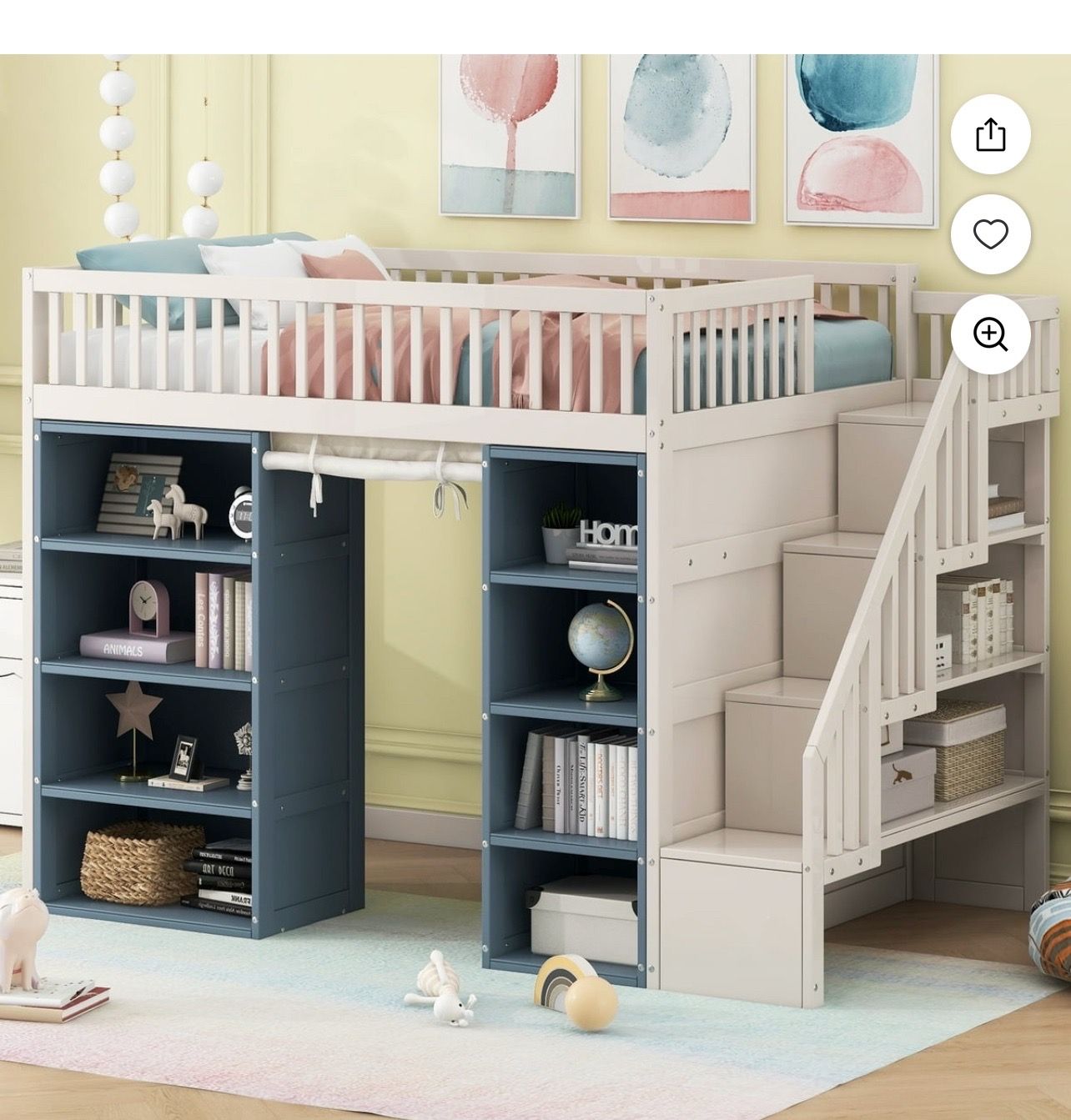 Euroco Wood Full Size Loft Bed with 2 Shelves and Storage Staircase, Curtain and Cabinetsfor Kids Teens