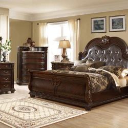 Elegant 4pc Sleigh Bedroom Set, Marble Top Dresser