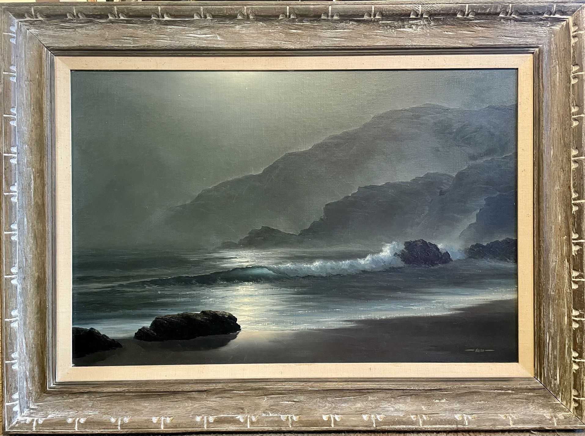 Vintage Original ‘Sea And Shore’ Oil Painting • Signed RUSSELL MORETON, 20”x 40”