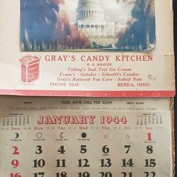 Vintage Advertising 1944 Calendar - GRAYS CANDY KITCHEN Berea Ohio