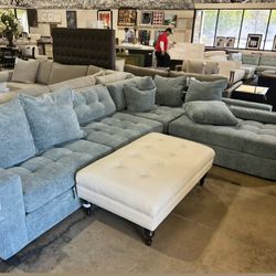 Modern Washed-Denim Sectional Couch — 4 Pieces, 7 Pillows