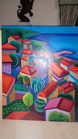 Art painting . Oil on playwood. Signed by Joan Steinman.