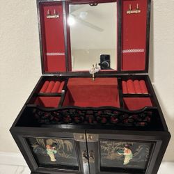 Vintage Asian Japanese Oriental Black Lacquer MothePearl Jewelry Box Drawers