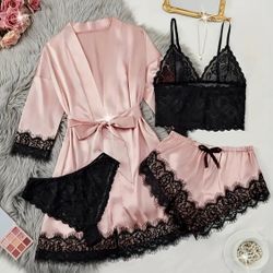 4 Pcs Women’s Ice Lace Pajamas Sexy V-Neck Design 3/4 Sleeve Robe Cropped Cami Medium 