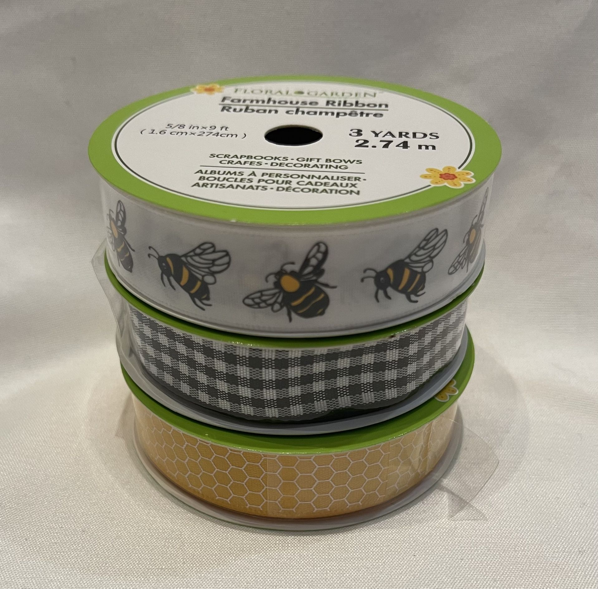 Floral Garden Farmhouse Ribbon - Set of 3 - Bees, Honeycomb, Buffalo Check - NEW