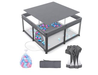 Foldable Baby Playpen for Babies and Toddlers, 50x50 Inch Portable Play Yard, Collapsible Play Pen with Mat, Visible Mesh, 50 Ocean Balls, Indoor/Outd