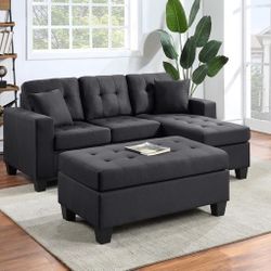 Naomi Black Linen Sectional with Ottoman & Sectional , Couch Sofa Options 