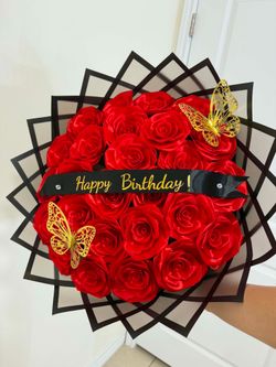 Red rose bouquet ready for pickup