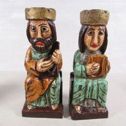 King & Queen Vintage Hand Carved Wood Folk Art Statues/Bookends
