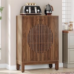 New assembled Farmhouse Sideboard Cabinet with Storage, Wooden Buffet Cabinet with Round Louvered Doors & Removable Shelves for Kitchen, Living Room, 
