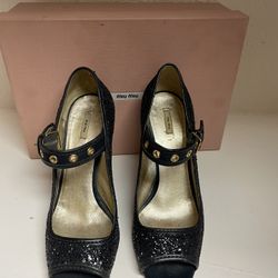 MIU MIU Glitter Mary Jane Peep Toe Pumps SZ 40 US 9